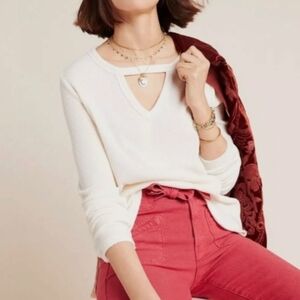 Anthropologie T.la Off White Waffle Knit Longsleeve Tunic Nadia Cut Out Top XS